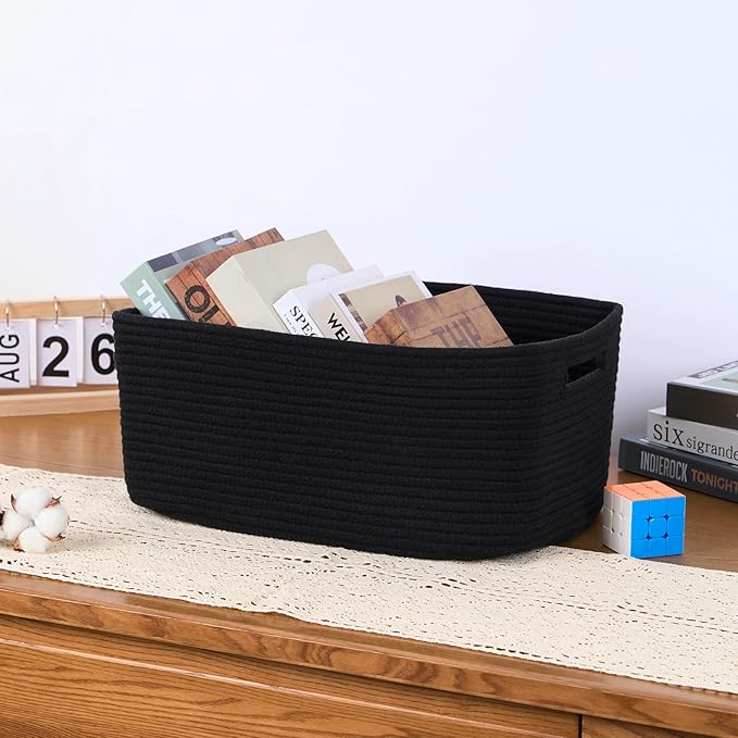 MiniArk Large Storage Baskets for Organizing, 17 x 13 x 7.5” Closet Shelf Baskets for Clothes Blanket Towels, Baby Nursery, Toy Bins Box, Woven Rope Baskets, 4 Packs Black