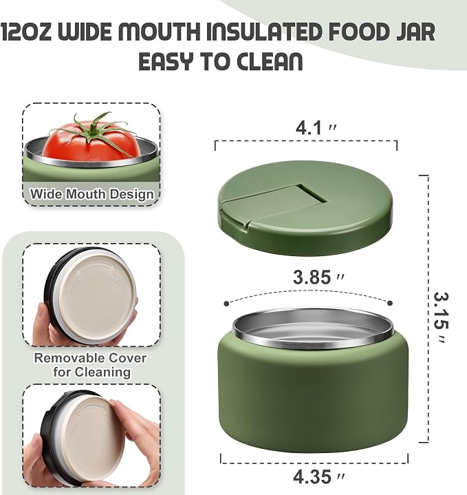 BOSEDSANG 13.5oz Soup Thermo for Hot Food Kids with Buckle Lid Insulated Vacuum Food Jar Wide Mouth Leakproof Stainless Steel Lunch Container (Green)
