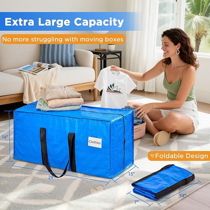 BETU Extra Large Moving Bags Heavy Duty Storage Bags with Zipper Handles, 12 Pack Clothes Storage Totes Bins Packing Moving Boxes, Moving Supplies for College Dorm Essentials, Space Saving, Blue