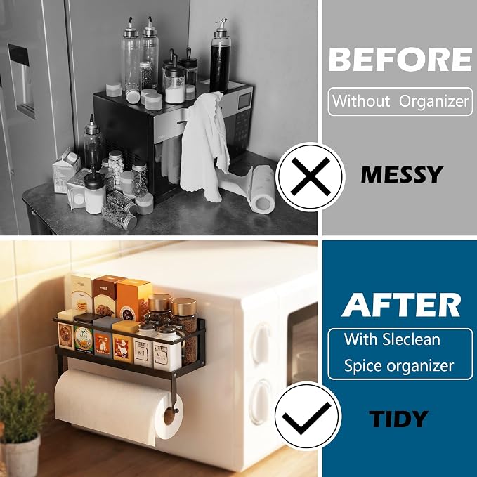 Magnetic Spice Rack Organizer for Refrigerator, 1 Pack, Paper Towel Holder Magnetic with Hooks, Multi Use Kitchen Shelf, 12.8"x4.3"x6.3", Black