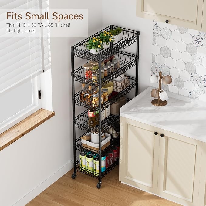 Golpart Basket Shelves Closet Rack with Wheels Metal Pantry Wire Shelf Unit | 6 tier Storage Rolling Shelving Bathroom Organizers Kitchen Garage Laundry Room Organization Home 30"Dx13.6"Wx65"H Black