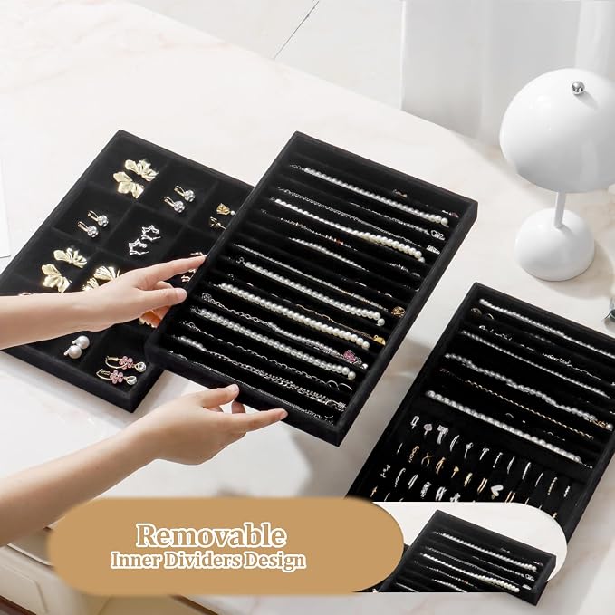 Large Stackable Jewelry Tray 4 Pack Velvet Jewelry Display Drawer Inserts Trays Organizer for Earring Bracelet Necklace Ring (Black, 17 Grids)