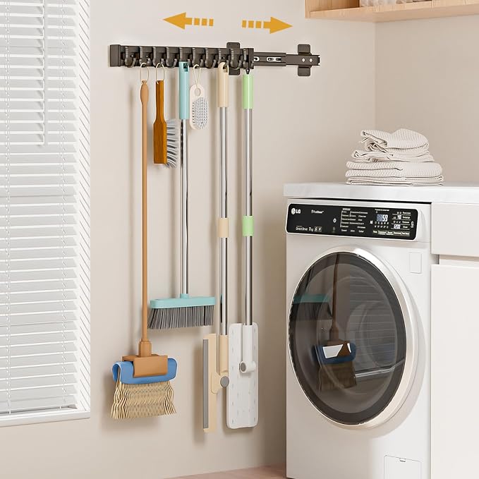 Pull Out Broom Holder With 10 Adjustable Row Sliding Hook - Black 18.11inch | High Load Capacity, Multifunctional Slide Broom And Mop Storage/Organizer Garage Organization Hook, for Closet Laundry Garage