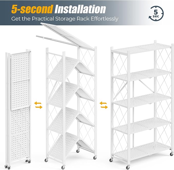 Fenbeli 5 Tier Storage Shelf with Wheels - Metal Collapsible Shelving Unit Display, Heavy Duty Folding Shelves, No Assembly Organizer Rack for Garage Kitchen, Basement, Pantry (White, 5 Tier)