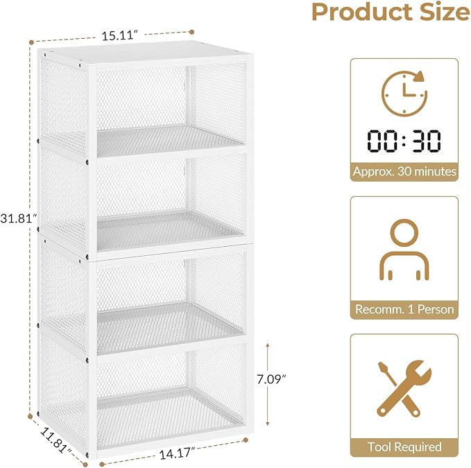 DAOUTIME 4-Tier Stackable Closet Organizers and Storage Shelves, Closet Storage Basket with Wood Tops Extra Storage, Clothes Sweaters Organizer Bins/Cube Storage Drawer for Home Wardrobe, White