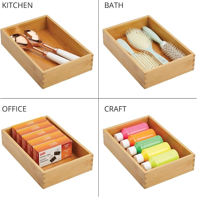 mDesign Bamboo Kitchen Cabinet Drawer Organizer Tray Bin - Eco-Friendly, Multipurpose - Use in Drawers, on Countertops, Shelves or in Pantry - 6.9 x 10.4-2 Pack - Natural Wood Finish