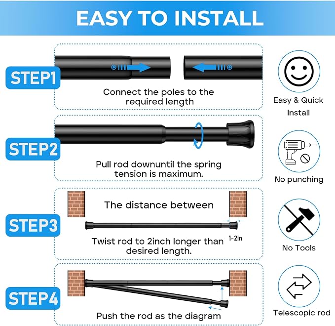 Tension Rod 28 to 48 inch, Adjustable Curtain Rods No Drilling Spring Rods Extendable Pressure DIY Tension Rod for Window Closet Kitchen, Black