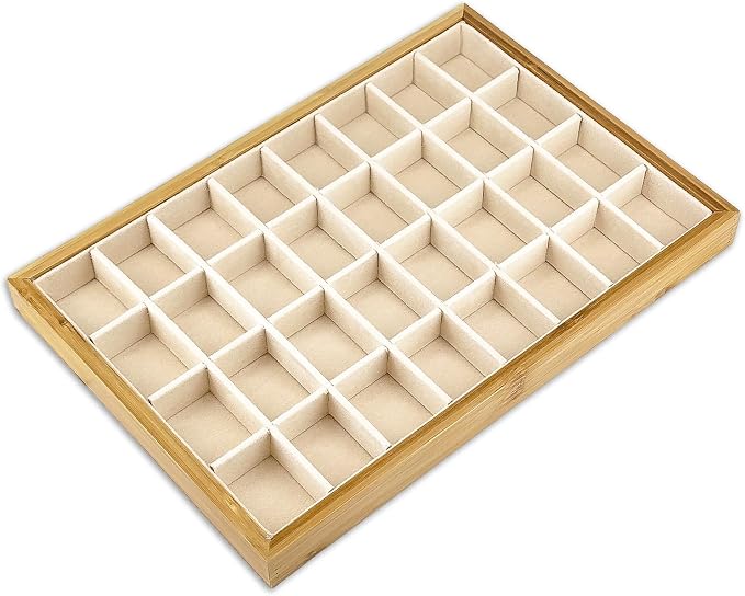 The Display Guys - Stackable Jewelry Tray and Organizer - for Drawers, Dressers, Store Display (32 Compartments, Bamboo Suede)