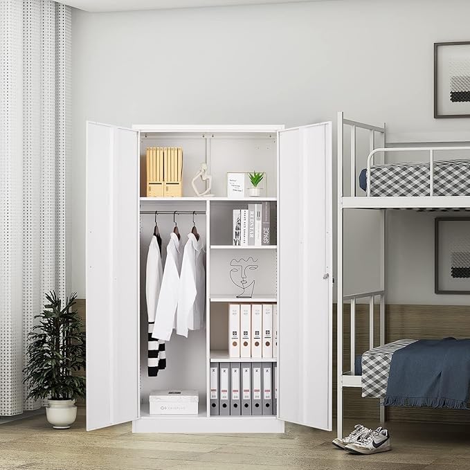 Yizosh Metal Armoire Wardrobe Closet Cabinet for Hanging Clothes with Lock Doors, -72" Steel Lockable Wardrobe Storage Locker Clothes Organizer for Bedroom, Laundry Room (White)