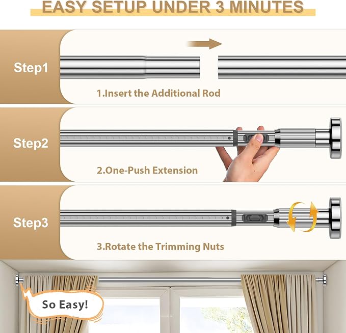 Silver Tension Curtain Rod 41-146In(4-12Ft), Extra Long Outdoor Curtain Rod No Drilling for Window or Patio, Heavy Duty Shower Rod for Bathroom,Rod Diameter 1.26In-One-bond stretching