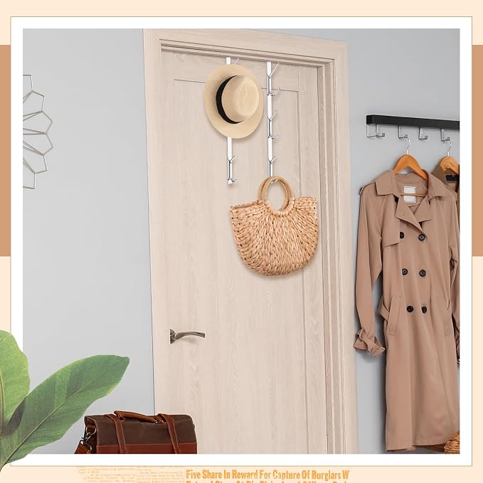 Tandefio 2 Pack 13.8" Over The Door Hook Hanger Comes with 6 Hooks from Large to Small Metal Extra Long Over The Door Hooks Hanger for Hats Rack Coat Scarf Purse Bags Scarf Keys and More (Silver)