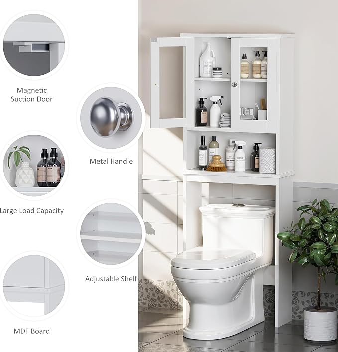 Over The Toilet Storage Cabinet for Bathroom, White Storage Organizer Over Toilet, Space Saver with Tempered Glass Doors, White