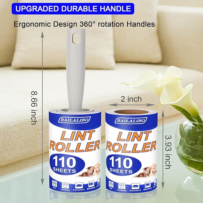 BAILALIBO Lint Roller for Pet Hair, 220 Sheets | Extra sticky, removes hair from clothes/couches/carpets, reusable, compact for travel, for dog/cat owners