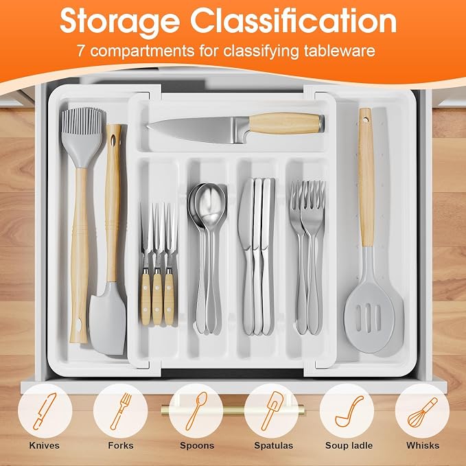 SpaceHacks Silverware Organizer，Adjustable & Expandable Utensil Drawer Organizer, BPA Free Utensil Holder, Cutlery Tray for Forks, Spoons, Knives in Kitchen, Medium, White