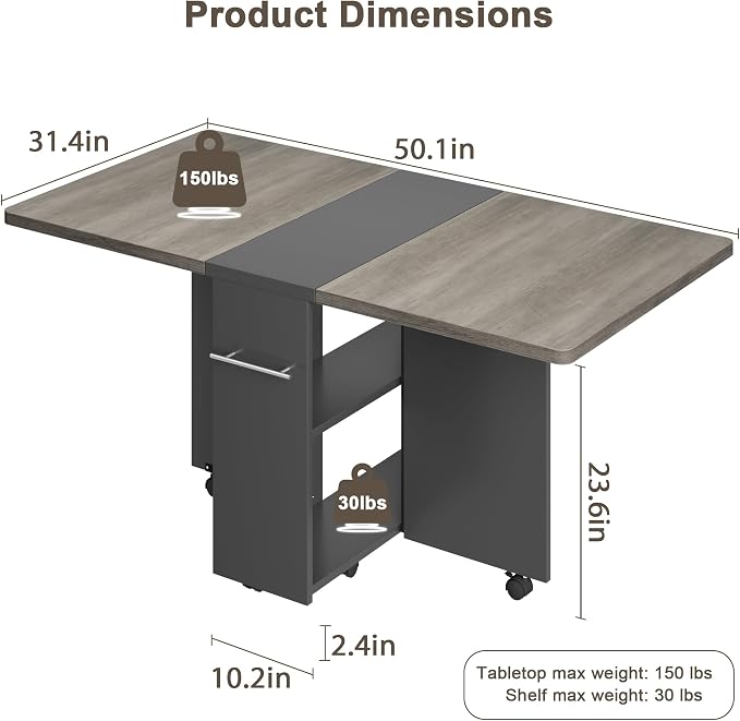 GAOMON Folding Dining Table, Drop Leaf Dining Table with 6 Wheels and 2-Layer Storage Shelf, Foldable Kitchen Table, Space Saving Table for Small Spaces, Areas, 47.2" Oak