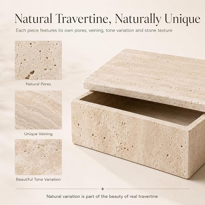 Natural Travertine Rectangular Box with Lid | Natural travertine box for jewelry, makeup pads, clips and dry small vanity essentials.