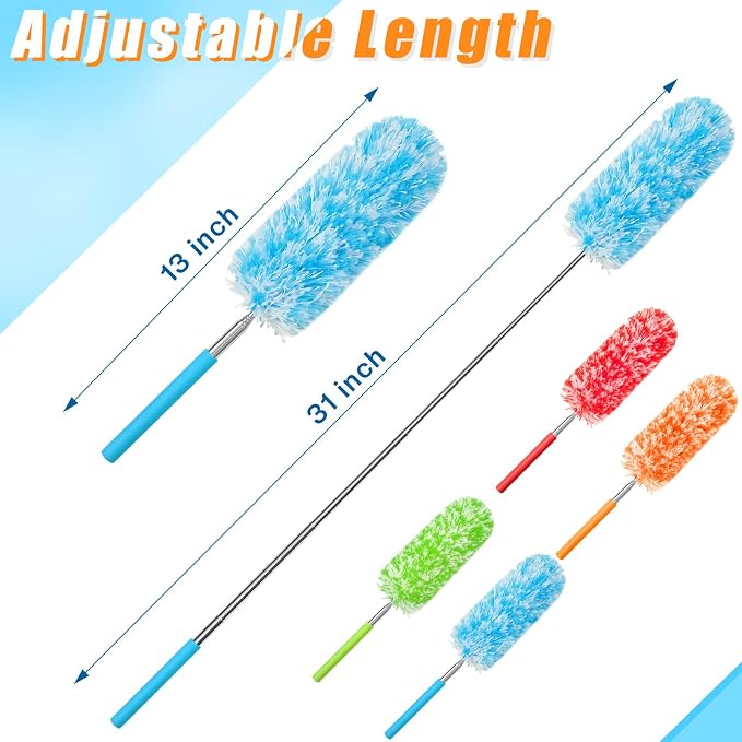 Tanlade 8 Pcs Microfiber Feather Duster for Cleaning, Extendable 13-31 Inch Ceiling Fan Duster with Bendable Head, Washable Tools for Ceiling Fans, Furniture, Car, Cobwebs (Bright Color)