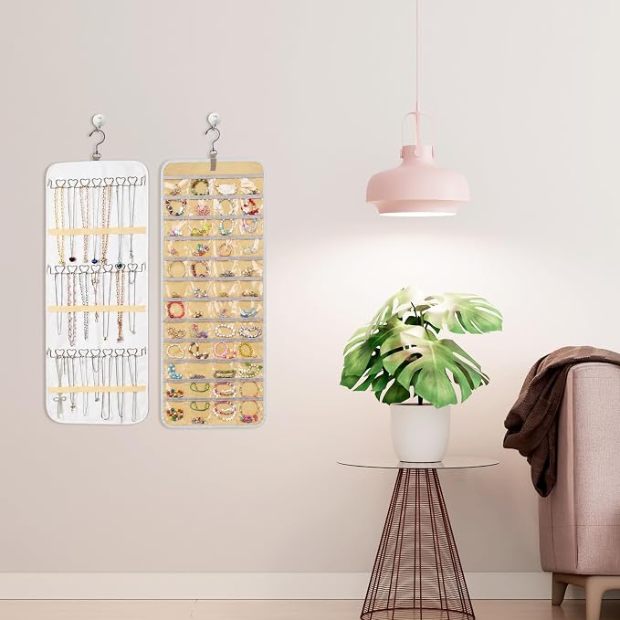 2 Pack Hanging Jewelry Organizer Storage with 48 Pockets and Hooks Dual-Sided Hanging Jewelry Organizers and Storage Hang on Closet, Wall, Door for Earrings, Necklaces, Rings,Beige