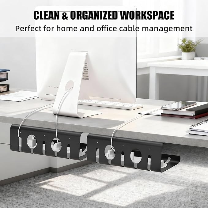 Cord Management Under Desk, 16.5" L x 4.7" W x 4.3" H, 2 Pack Under Desk Cable Tray, Wire Organizer for Power Strip, Tape Mount or Screw Mount, Easy Install Cord Raceway for Desk & Home