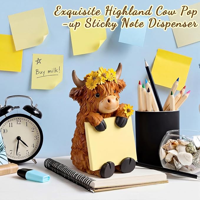 Thenshop Back to School Sunflower Highland Cow Sticky Note Holder Fall Resin Highland Cow Pop up Note Dispenser with 100 Sheets 3 x 3 Inch Sticky Notes Desk Accessory for School Office Gifts