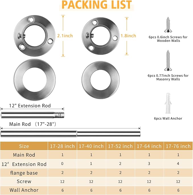 Closet Rods For Hanging Clothes, 17-76 Inch Adjustable Closet Rod, Stainless Steel Heavy Duty Closet Hanging Rod-Silver