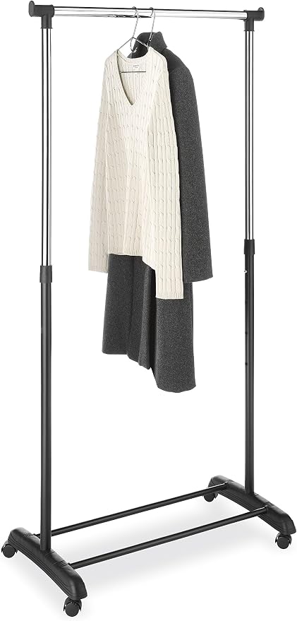 Whitmor Adjustable Garment Rack with Wheels, Rolling Clothes Rack for Hanging Clothes, Heavy Duty Single Rail Clothing Rack, Portable Hanging Rack for Bedroom, Laundry Room, Black & Silver