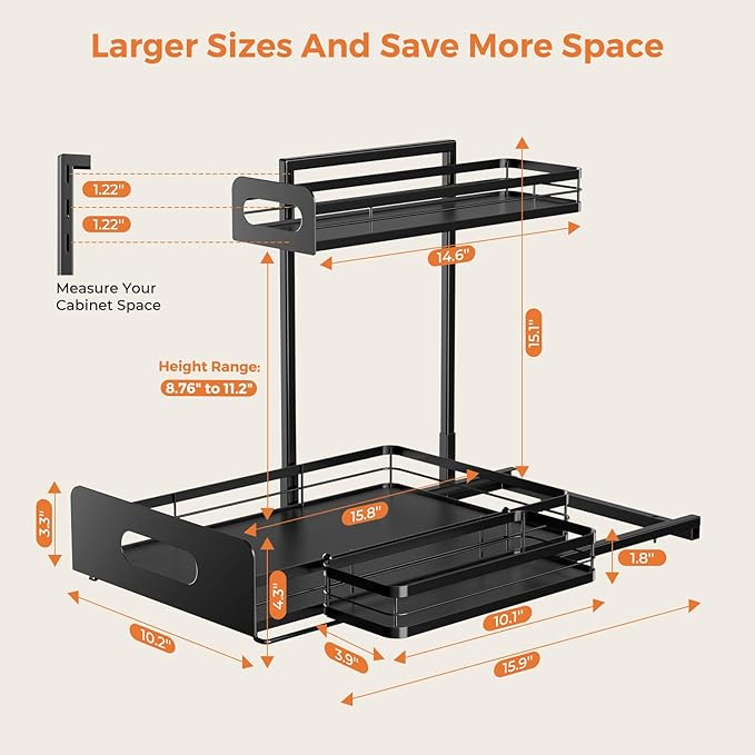 Delamu 2 Pack Metal Bathroom Organizers and Storage, 2 Tier Pull Out Under Sink Organizer with 2 Small Baskets, Adjustable Under Sink Shelf for Multipurpose Cabinet Organizer, Black