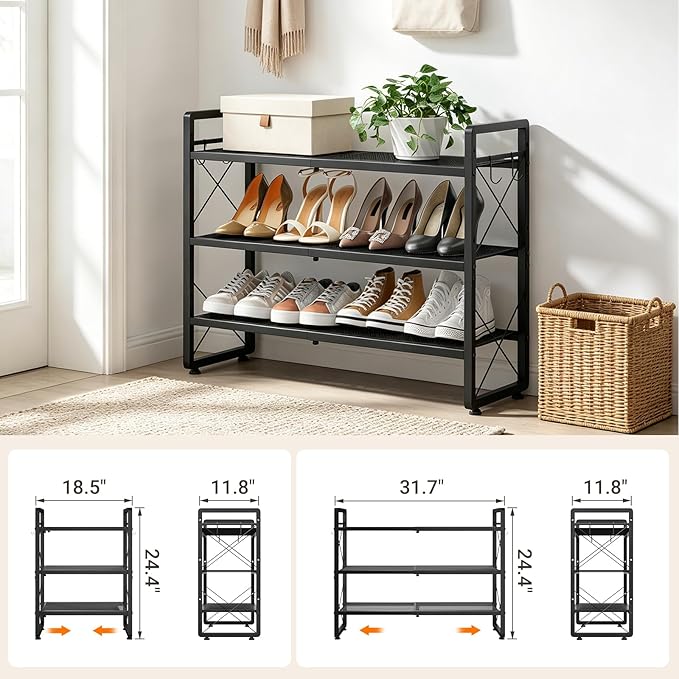 ELYKEN Shoe Rack, 3-Tier Expandable Shoe Organizer for Closet, Metal Black Shoe Shelf with 4 Hooks, Adjustable Shoe Stand Holder for Entryway, Garage, Door Entrance