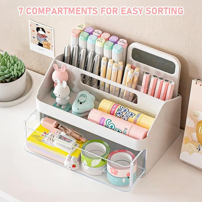 SAYEEC Desk Organizer with Drawer Multi-Functional Makeup Organizer with Handle 7 Compartments Pencil Pen Holder Small Desktop Storage Box Desk Accessories Caddy for Office Home Art Supplies (White)