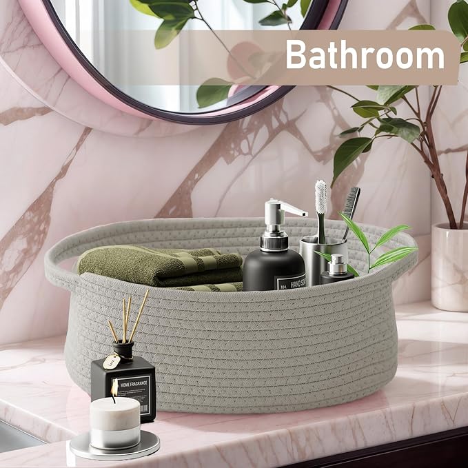 JMvicyroam Woven Basket,Small Rope Storage Bin with Handles & Ribbon Bag, Organizer for Shelves Closets,Gift Basket Empty for Birthday,Books,Dog Toys, Grey/3 Pack