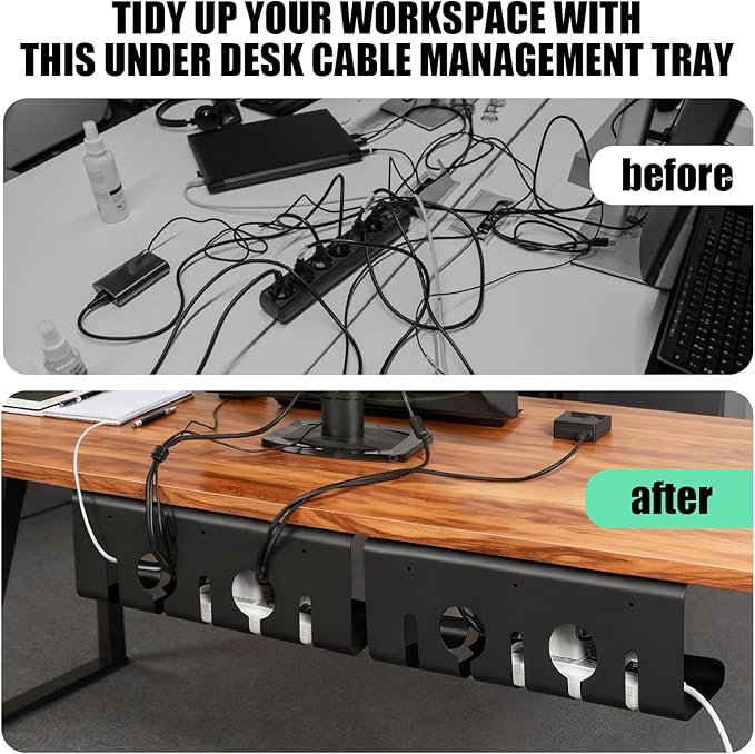Cord Management Under Desk, 16.5" L x 4.7" W x 6.8" H, 2 Pack Under Desk Cable Tray, Wire Organizer for Power Strip, Tape Mount or Screw Mount, Easy Install Cord Raceway for Desk & Home