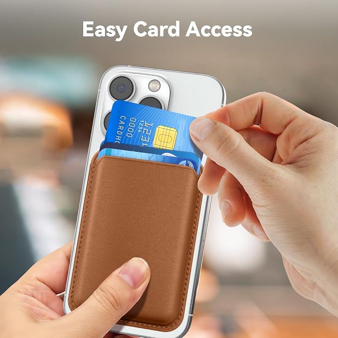Stronger Magnetic RFID Leather Mag-Safe Card Holder for iPhone 16 Series, Mag-Safe Accessories Stick on Series of iPhone 17/16/15/14/13/12 and Pro/Promax, Brown
