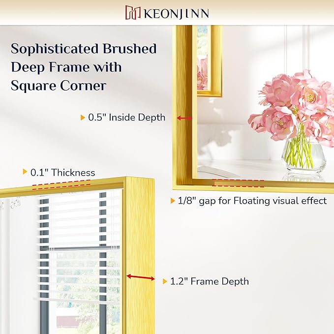 Keonjinn Gold Bathroom Mirror 48 x 30 Inch, Gold Trimmed Bathroom Wall Mirror, Large Brushed Metal Frame Mirrors for Over Sink, Modern Farmhouse Vanity Rectangle Mirrors(Horizontal/Vertical)