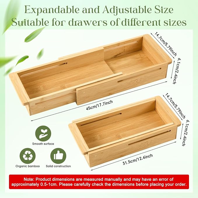 LemonRoad 1 Pcs Sliding Drawer Organizer 12.4-17.7 Inch Bin Bamboo Drawer Expandable Bins Utensil Organizer for Kitchen Spoons Forks Knives (Wood)