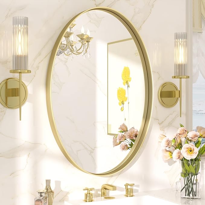 TETOTE Gold Oval Bathroom Mirror, 24 x 36 Brushed Brass Framed Wall Mounted Mirror for Vanity, Modern Decorative Shatterproof Oval Wall Mirrors for Entryway, Living Room, Bedroom