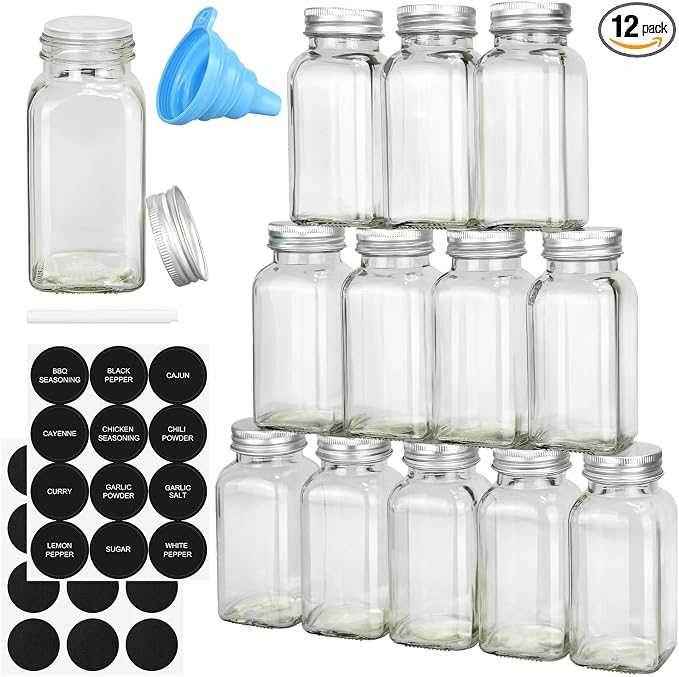 DkOvn 12/24/48 Pack Glass Spice Jars, 4oz Empty Spice Jars | with Metal Caps, Labels, Shaker Lids, Collapsible Funnel, Chalk Pen, Seasoning Organizer for Spice Rack