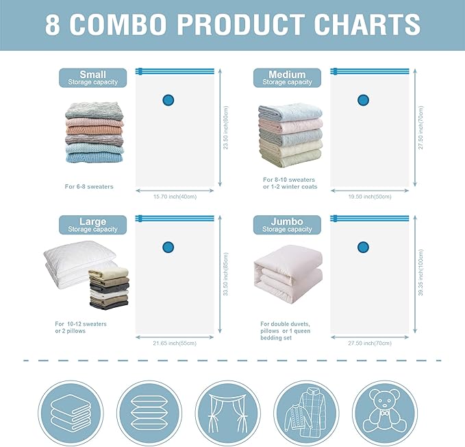 Cozy Essential Vacuum Storage Bags, 80% Compression Vacuum Seal Space Saver Plastic Packaging Bags for Clothes, Blankets, Pillow, Bedding, Comforters, Sealer Clothing Storage,8 Combo