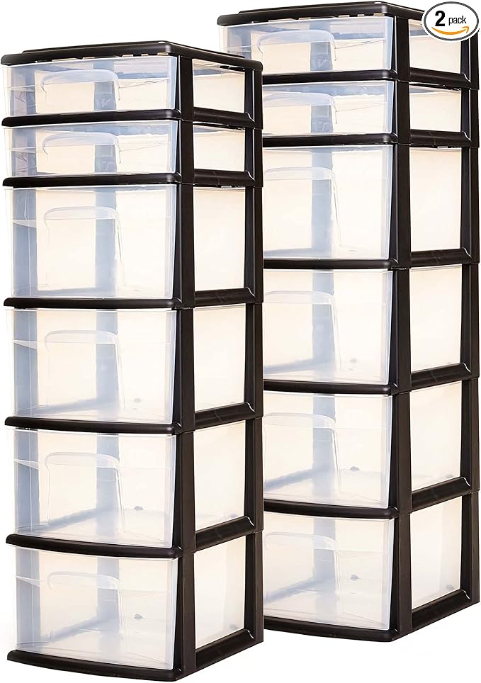HOMZ 2-Pack Drawer Tower, 6-Tier Clear Plastic Storage Organizer Cart, Black Frame - Organizing Containers for Home, Office, Bathroom, Bedroom, and Classroom