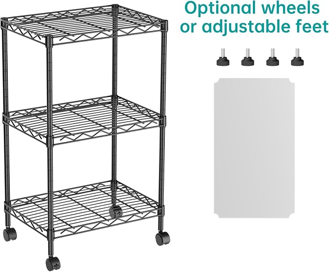 SINGAYE Small 3 Tier Shelves Wire Storage Shelving Adjustable Metal Shelf | With Wheels Home Storage Small Rack Pantry Closet Unit for Laundry Room Organization Bathroom Kitchen