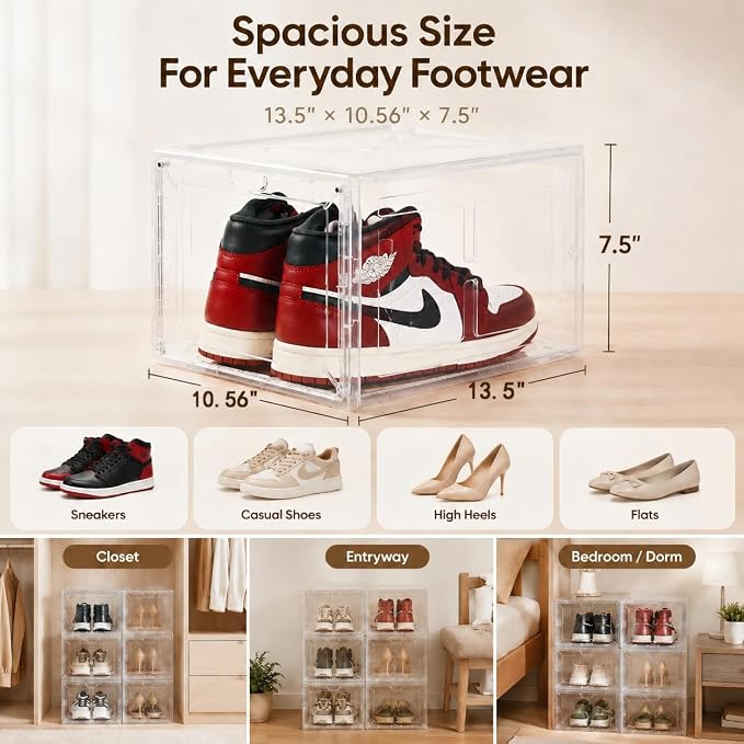 Clear Shoe Storage Boxes,2026 2nd Gen Thickened Hard Plastic Stackable Organizer with Magnetic Door,Folding Shoe Racks for Closet,Large Sneaker Display Cases for Sneakers and Ankle Boots,6 PCS
