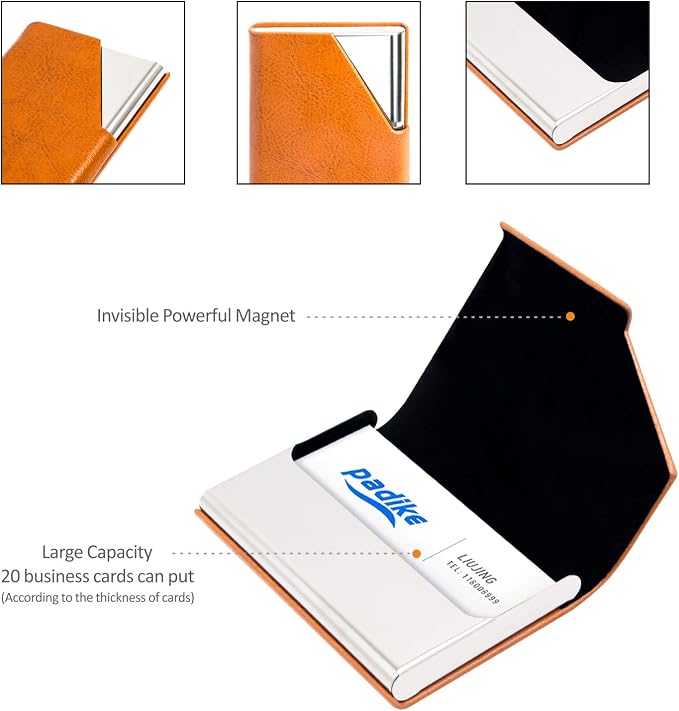Padike Business Card Holder, Upgraded Leather Business Card Case Pocket Card Holders for Men or Women, Metal Slim Name Card Holder RFID Blocking Business Card Carrier with Magnetic Closure(Z-Orange)