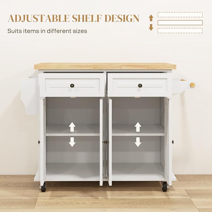 HOMCOM Kitchen Island Cart with Solid Wood Top, 44" Mobile Kitchen Island Table on Wheels with Storage Cabinets, 2 Drawers, Adjustable Shelves, Spice Rack & Towel Bar for Dining Room, Cream White