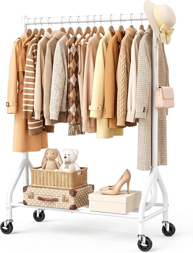 EAGMAK Heavy Duty Clothes Rack Load 268 LBS, 31.5 inch Hanging Rod, White | Metal Frame, Stable Base, Compact Size, Rolling Smooth, For Bedroom Closet Entryway Laundry Living Room Home Garage Storage