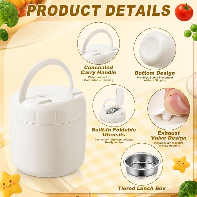 1 Pack 40 oz Insulated Food Jar with 2 Compartments, Stainless Steel Double Wall Vacuum Lunch Box Keep Hot & Cold, Leak-Proof Wide Mouth Soup Container with Spoon & Bag (White)
