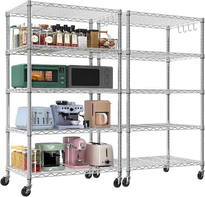 24" Wx18 Dx75 H Chrome Storage Shelves with Wheels, 5 Tier Wire Shelving Adjustable Metal Shelving Pantry Shelves Capacity 1250LBS for Garage Shelving, Pantry, Kitchen, Closet, 2PACK