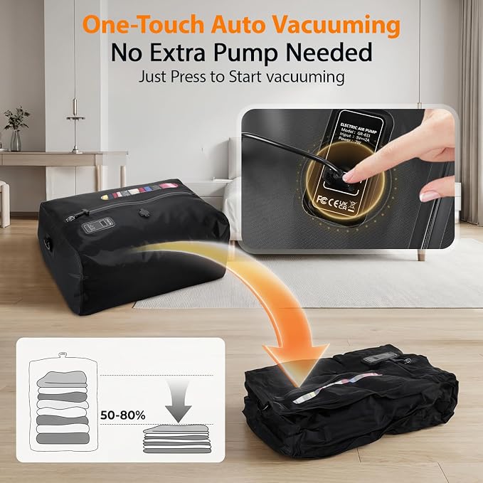 KXB Travel Vacuum Seal Bags with One-Button Suction, 34L Compression Packing Cubes for Carry-On Suitcase & Travel Backpack, Reusable IP67 Waterproof Vacuum Storage Kit for Luggage