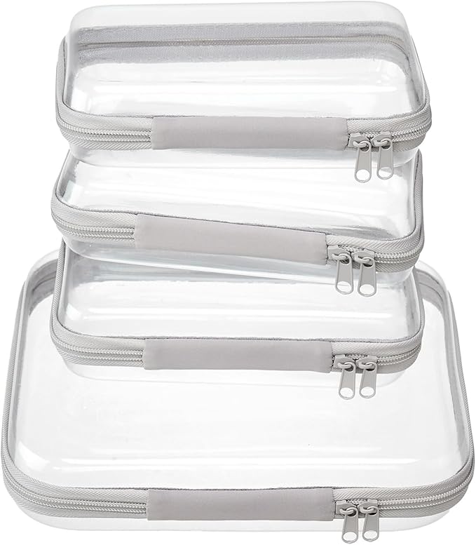 4 pcs Clear Zipper Pouches,Hard Shell Zipper Case, Toiletry Bag for Travel | CLear Diaper Bag, Toiletry Pouch, Travel Organizer, Cosmetic Bag,Toy Storage Bins (M+3S) (Gray)