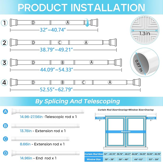 Spring Tension Curtain Rod 32-62 inch, Adjustable Expandable Tension Curtain Rod No Drilling, Tension rods for Window Doorway Kitchen Curtain, White
