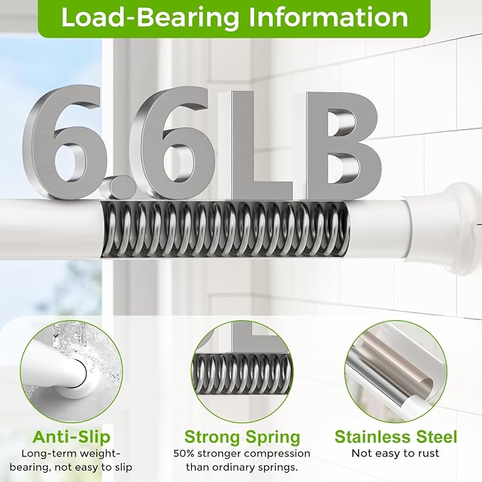 White Shower Curtain Rod 32 to 62 Inches Adjustable, 7/8 Inch Diameter Heavy Duty Tension Curtain Rods No Drill, Rust-Resistant Tension Rod for Bathroom, 2 Pack