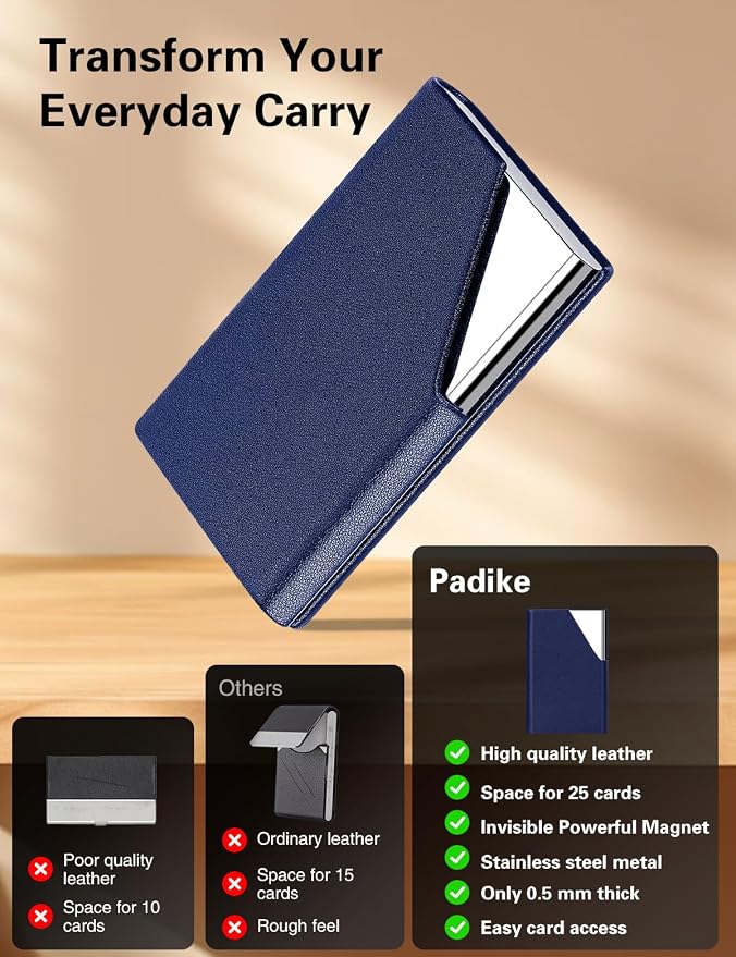 Padike Business Card Holder, Upgraded Leather Business Card Case Pocket Card Holders for Men or Women, Metal Slim Name Card Holder RFID Blocking Business Card Carrier with Magnetic Closure(Blue)